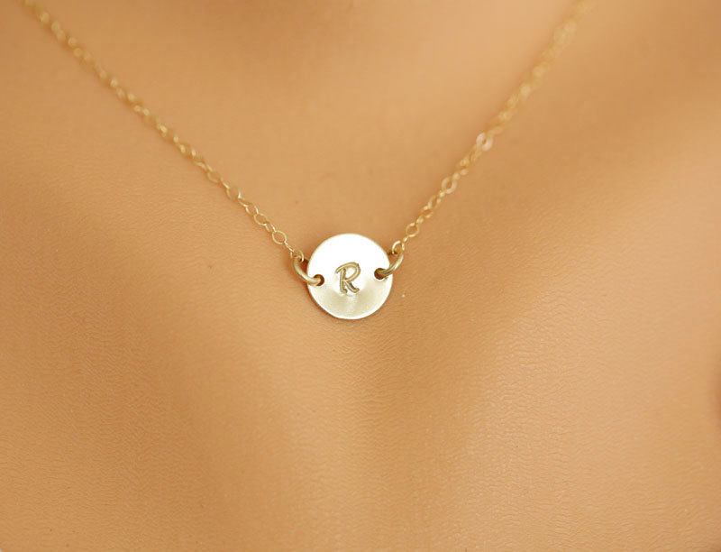 Tiny Monogram Necklace, GOLD Initial Disc Charm Necklace,Small Initial Letter Charm,Bridesmaids ...