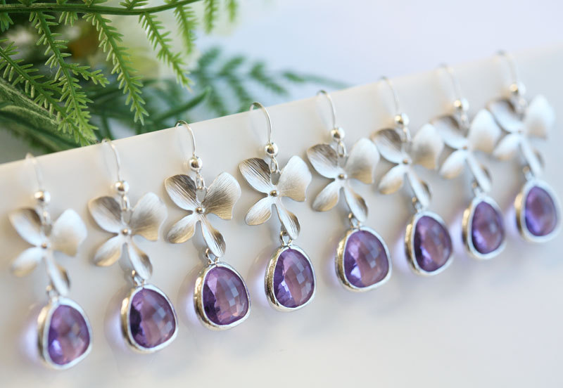 Set Of 6,Pink Amethyst Earrings,Stone In Bezel,Orchid Flower Earrings